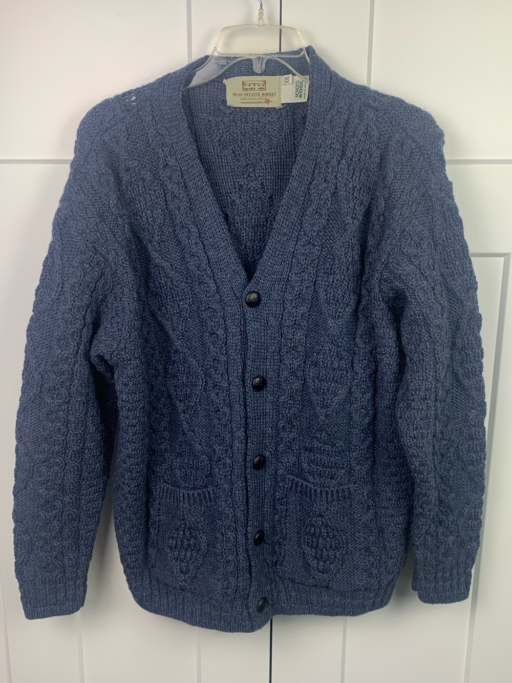 Aran Crafts Irish Wool Sweater Cardigan Mens XXL Blue Gray Cable Knit Leather